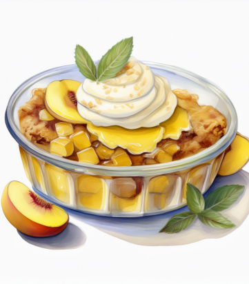 Peach Cobbler Brickle bag with peaches and granola on countertop